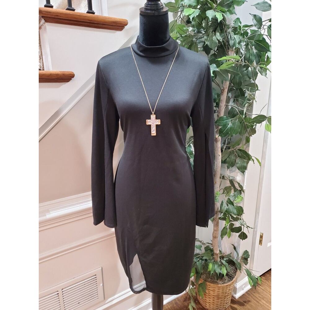 Quum Women's Black Polyester Mock Neck Long Sleeve Casual Knee Length Dress M